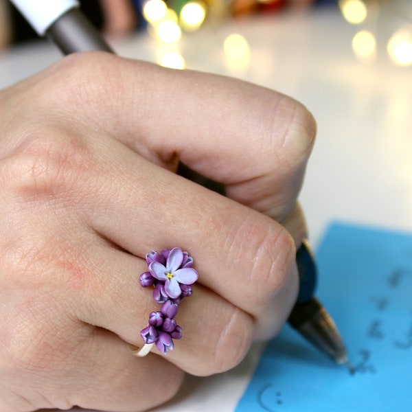 Statement rings extraordinary Lilac Flower rever 925 Sterling Silver Cottagecore Purple Realistic Floral Adjustable Ring Very Peri Jewelry