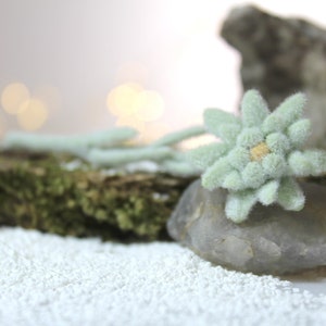 May include: A white felt edelweiss flower with a yellow center, resting on a gray rock with a mossy background.