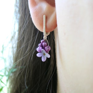 Mauve Lilac Flower Earrings on a 925 Sterling Silver Leverback Base Cottagecore Purple Floral Romantic Jewelry Vintage Style image 1