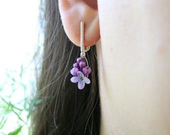 Mauve Lilac Flower Earrings on a 925 Sterling Silver Leverback Base Cottagecore Purple Floral Romantic Jewelry Vintage Style