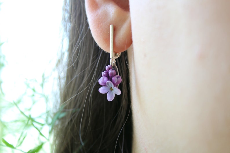 Mauve Lilac Flower Earrings on a 925 Sterling Silver Leverback Base Cottagecore Purple Floral Romantic Jewelry Vintage Style image 1