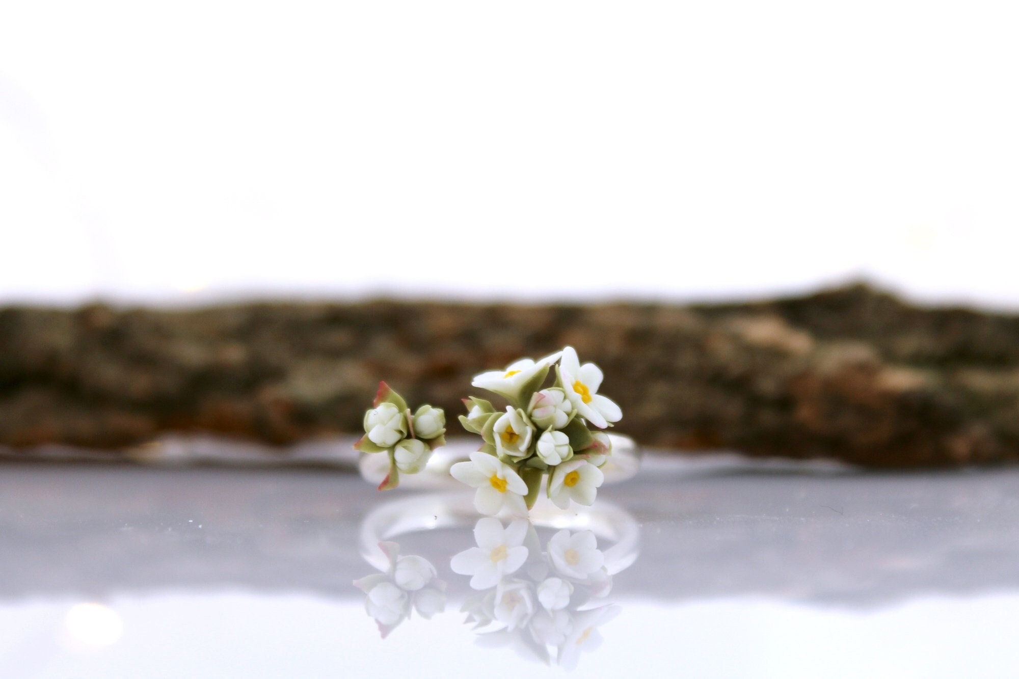 White Forget Me Not Ring 925 Sterling Silver Polymer Clay Flower Open Ring
