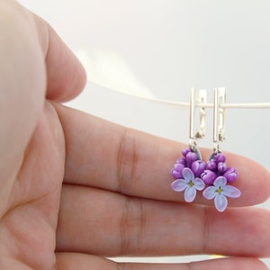 Mauve Lilac Flower Earrings on a 925 Sterling Silver Leverback Base Cottagecore Purple Floral Romantic Jewelry Vintage Style image 3