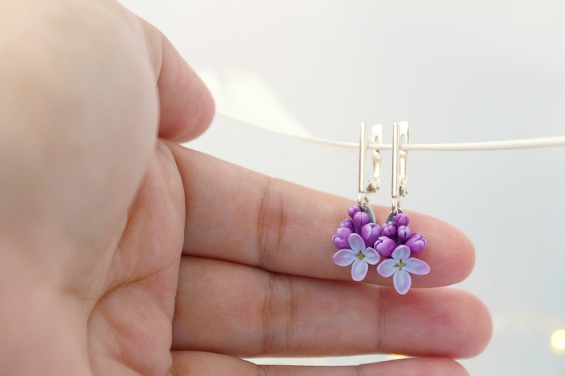 Mauve Lilac Flower Earrings on a 925 Sterling Silver Leverback Base Cottagecore Purple Floral Romantic Jewelry Vintage Style image 3