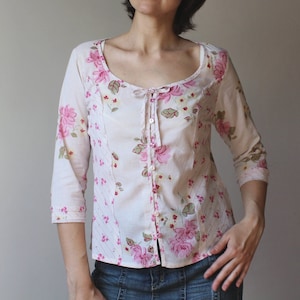 Cotton Blouse Vintage Women&#39;s Pink Floral Print Blouse Cotton 3/4 Sleeves Top Boho Wrap Shabby Chic Women US size 8 Size M