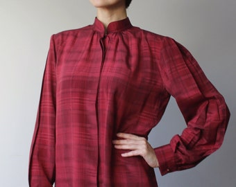 Vintage Silk Red Wine Blouse Women's Burgundy Plaid Button-Up High Nehru collar Blouse Long Sleeve Formal Vintage 80s Large Size L/M/42