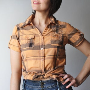 Vintage 80s Plaid Cotton Shirt: Women&#39;s Burnt Orange Short Sleeve Top, Size M