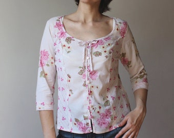 Cotton Blouse Vintage Women's Pink Floral Print Blouse Cotton 3/4 Sleeves Top Boho Wrap Shabby Chic Women US size 8 Size M