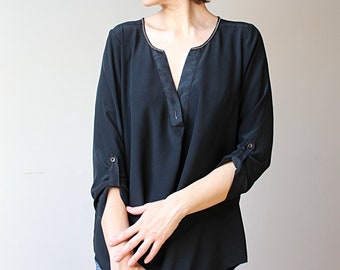 Vintage Silk Bohemian Blouse: Black 3/4 Sleeve Top (S/M)