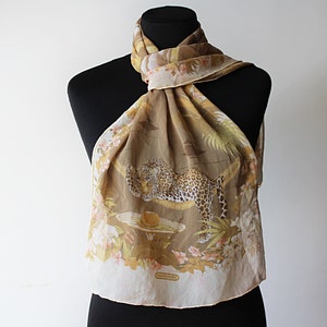 Silk Scarf Designer Tropical Paradise Leopard Jaguar Animal Vintage Orchids print Chiffon Olive Cream scarf Cheetah