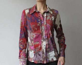 Vintage Blouse Floral Paisley Design Shirt Stretch Thin Jersey Red Purple Flowers Print Top Boho Long Sleeve Button Up Shirt Size M