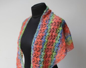 Vintage Knitted Lace Shawl: Bohemian Coral Blue Green Goat Wool Wrap
