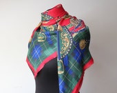 70s Vintage Plaid Equestrian Scarf Square Red Green Blue Tartan Shawl Royal stirrups saddle rider print Scarf Souvenir Woman Mens Unisex