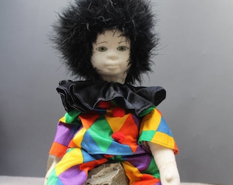 Vintage Handmade Clown Doll: 16" Hand-Painted Face, Black Fluff Hair