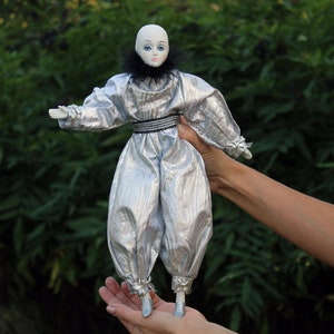 Vintage Pierrot Jester in Silver and Black Porcelain Doll 15&quot; Statue Clown Venetian Carnival Theatrical Holiday Doll Medieval Collectible