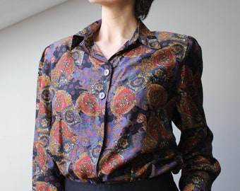Vintage Blouse Red Purple Black Long Sleeve Button-up Shirt Blouse Floral Paisley Designs Top Vintage 1980s shirt Large Women's L Size XL