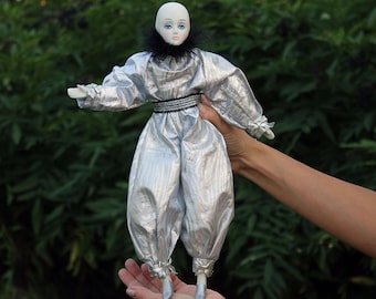 Vintage Pierrot Jester in Silver and Black Porcelain Doll 15&quot; Statue Clown Venetian Carnival Theatrical Holiday Doll Medieval Collectible