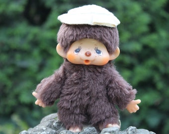 Cute Monkey Vintage 4.7&quot; 1970s Small Monkey in Hat Baby Monkey Plush Brown fur Rare Japan Toy 70s-80s Dollhouse toys/Retro japanese doll
