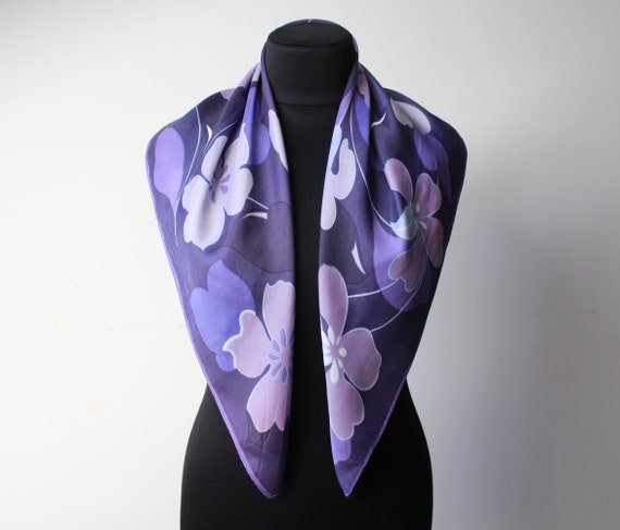 Purple Floral Silky Scarf Vintage Violet Tones Co… - image 7