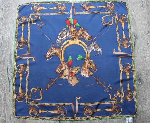 Vintage Equestrian Scarf MEDICI Blue Yellow Square