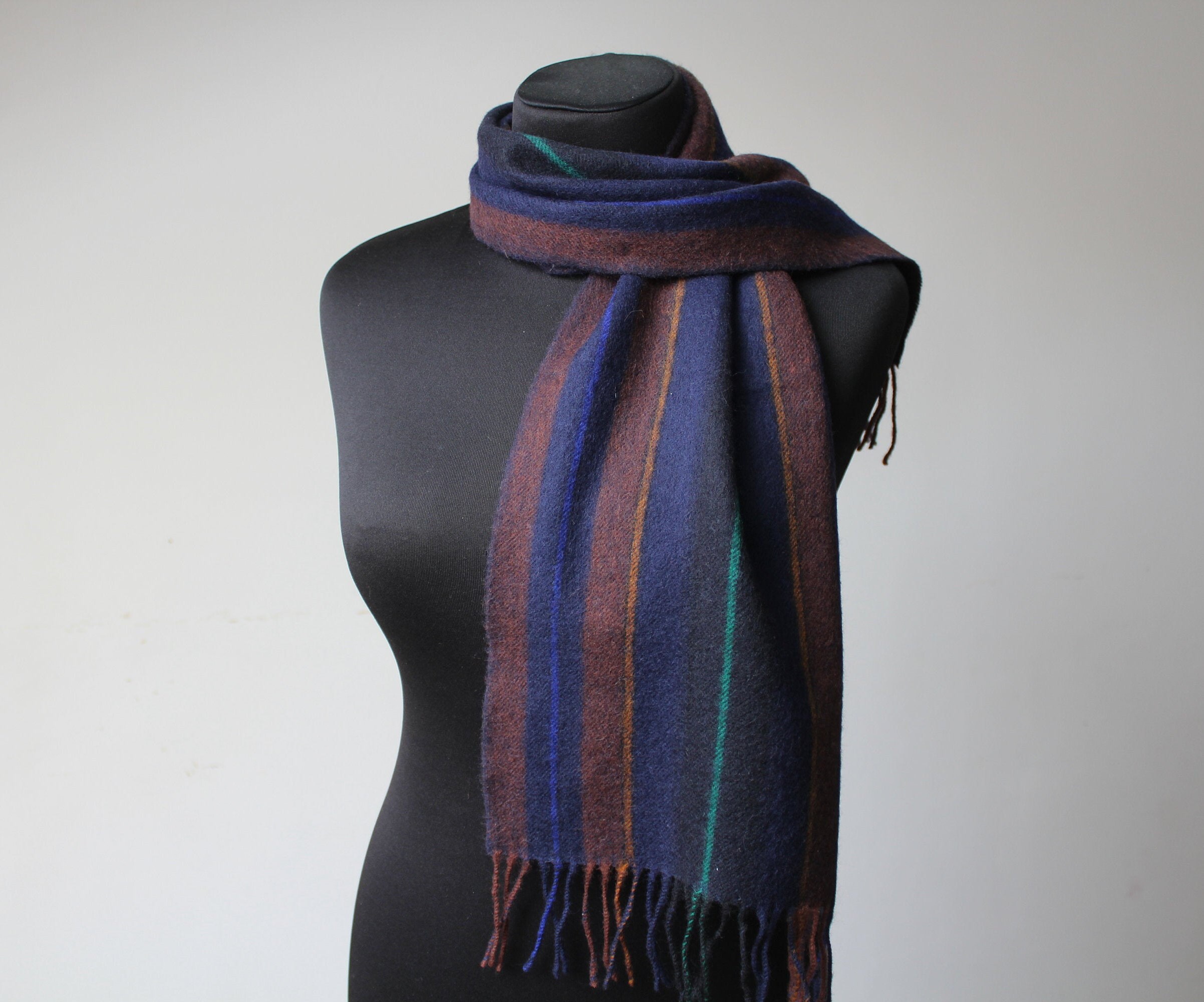 Wool Striped Scarf Vintage Blue Brown Woolen Men Scarf Fringed Etsy