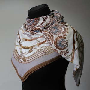 Vintage Equestrian Scarf: Large Cotton Floral Shawl, Brown Beige