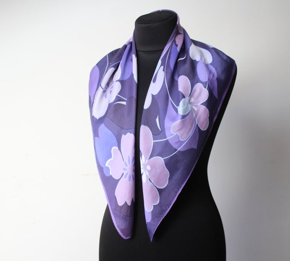 Purple Floral Silky Scarf Vintage Violet Tones Co… - image 2