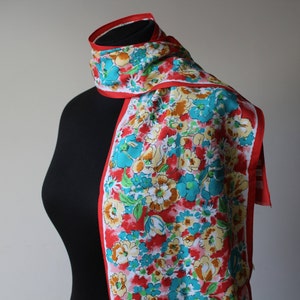Vintage Floral Print Scarf: Red, Yellow & Blue Poppy Flowers