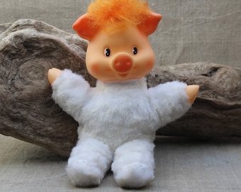 Vintage White Piggy Plush Toy with Rubber Face Gold hair Boy Nursery Decor Pig Doll 12" Old COLLECTIBLE Vintage Toys Antique Rushton Style