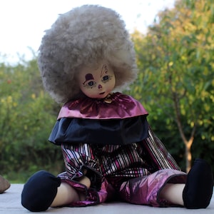 Vintage Collector Big Clown Doll 24" Arlequino Hand Painted Face Hair Natural fur Handmade Shiny Suit Textil Clowns Jester Circus Gift Rare