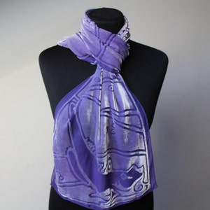 Velvet Silk Scarf Vintage Fish Сrayfish Sea Velour Violet Scarf Burnout Scarf Purple Fishes Wrap Stole Womans Tie Hair Wrapping