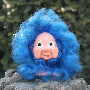 Vintage Rubber Troll Toy Gnome Cephalopod German DDR Toy Blue hair doll Old man Good Monster Nursery decor COLLECTIBLE  Toys 70s