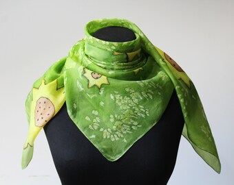 Handpainted Silk Green Shawl Vintage Flower Scarf Neckerchief Woman Handpainted Batik Wrap Yellow Flowers Spring Summer Accessory for her