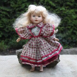 Vintage Porcelain Girl Doll 12&quot; /Blond hair doll / Porcelain Collectible dolls/ Plaid Dress Doll/ Toddler Room Decor / Rare toys 90s