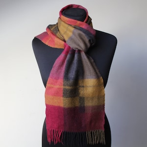 Vintage Wool Plaid Scarf: Burgundy Red Tartan Fringe, Unisex