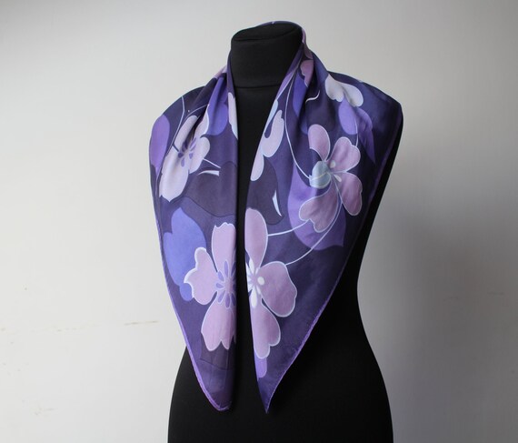 Purple Floral Silky Scarf Vintage Violet Tones Co… - image 6