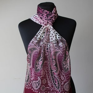 Vintage Paisley Floral Scarf: Purple Pink Leopard Print, Boho Mod Accessory