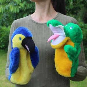 Vintage Crocodile and Bird Hand Puppet: Plush Brown Fur Set Toys, 10"