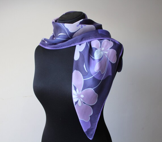 Purple Floral Silky Scarf Vintage Violet Tones Co… - image 8