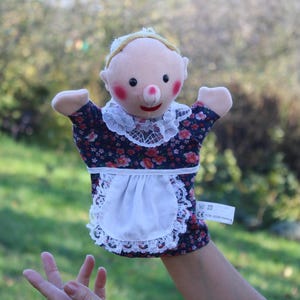 Vintage Hand Puppet Woman in Rustic style Textile Head Сlothes Pretend Imaginary Good Face Woman Play Toys Puppet Show Retro Germany 1980s