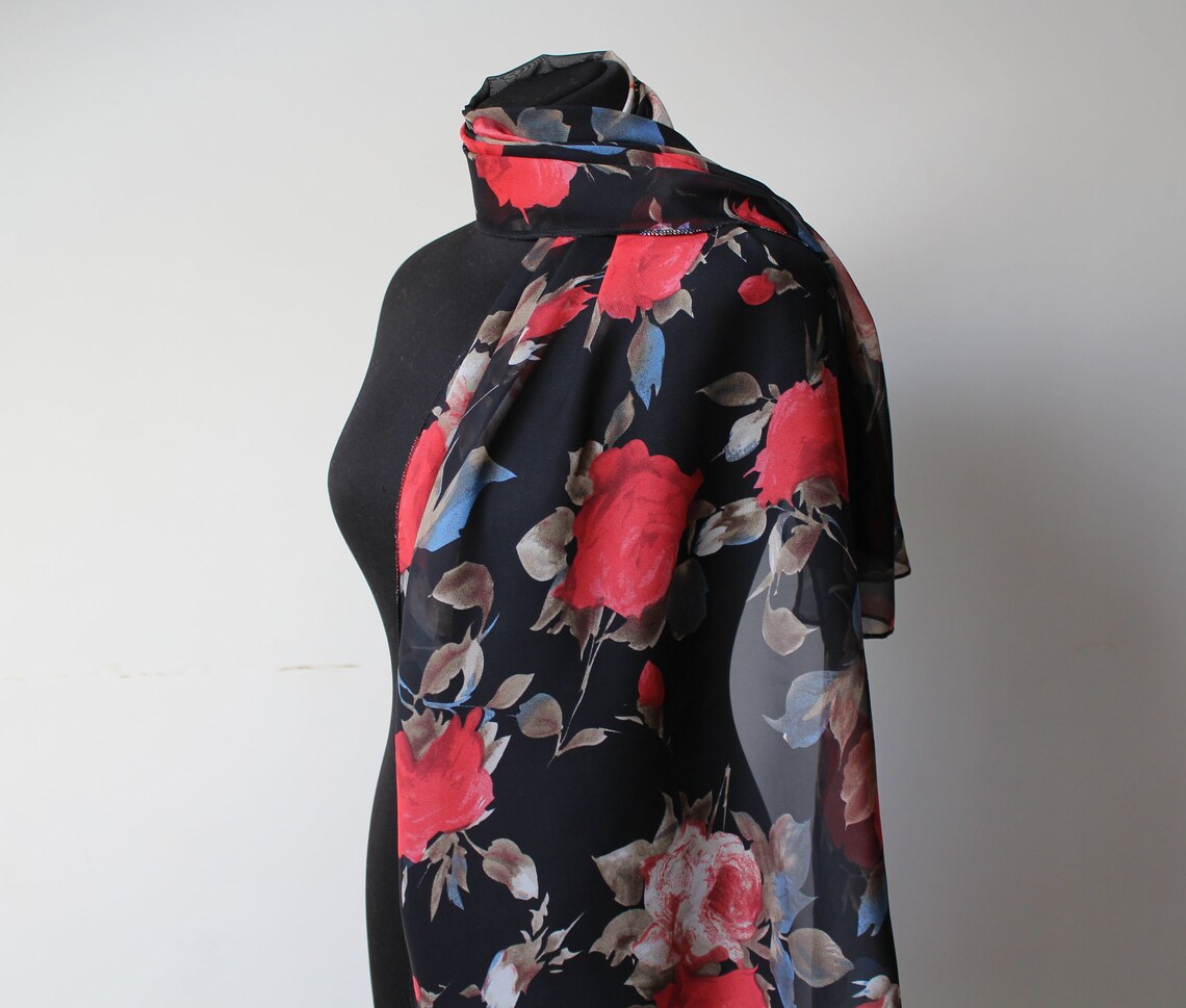 Red Rose Chiffon Scarf Vintage scarve Floral Design Print Red | Etsy