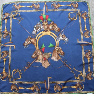 Vintage Equestrian Designer Scarf Blue Yellow Square Silk Shawl Horseshoe Horse Scarf Souvenir Scarf Royal Italy Rare scarf 34&quot;