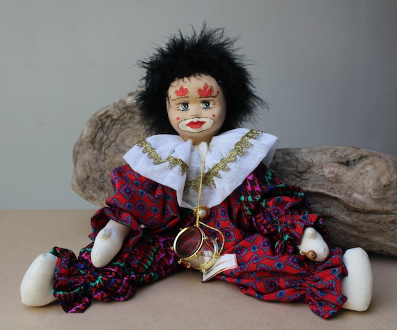 Vintage Clown Drummer Doll 16 Original Handarbeit Big Clown Black Fluff Hair Hand Painted Face Fabric Dolls Circus Rare Antique Clown OOAK Etsy UK