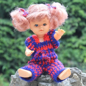 Vintage 70-80s Girl Doll in Knitted Red Blue Overalls Retro Toddler Baby Vinyl with Hair Toys Cute Collectible Childhood Nostalgia Old Toys