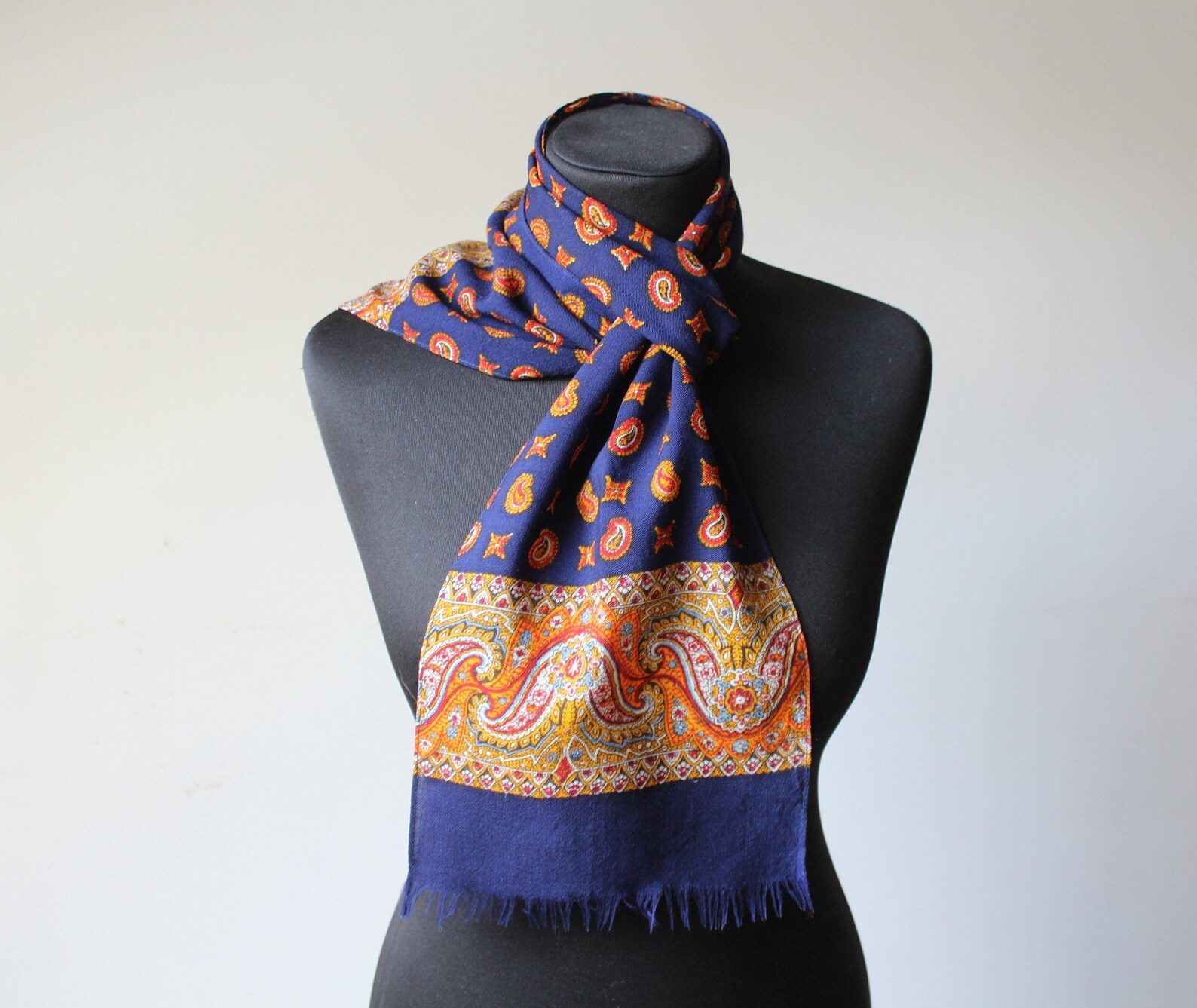 Paisley Wool Silk Men's Scarf Fringe Vintage Blue Red Etsy