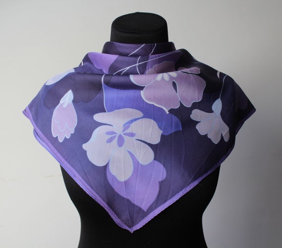 Purple Floral Silky Scarf Vintage Violet Tones Co… - image 9