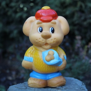 Vintage Dog Rubber Toy in Red Cap Yellow Sweater, Cute Cartoon Dog Toy, Soviet Rubber Toy, Old Russian Toy, Nursery decor, Vintage USSR