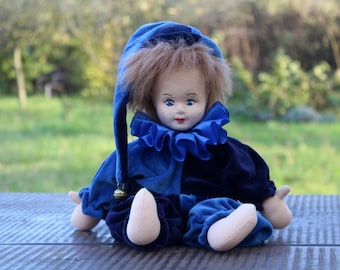 Muñeco payaso vintage hecho a mano: bufón de terciopelo azul de 14 pulgadas, coleccionable