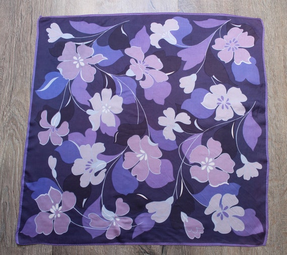 Purple Floral Silky Scarf Vintage Violet Tones Co… - image 3