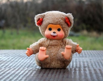 Vintage Monchhichi Friends Original 6&quot; Rare Monchichi Bear Baby Bent fingers Beige fur Flowers Ears /Monchhichi Japan Sekiguchi toy 70-80s
